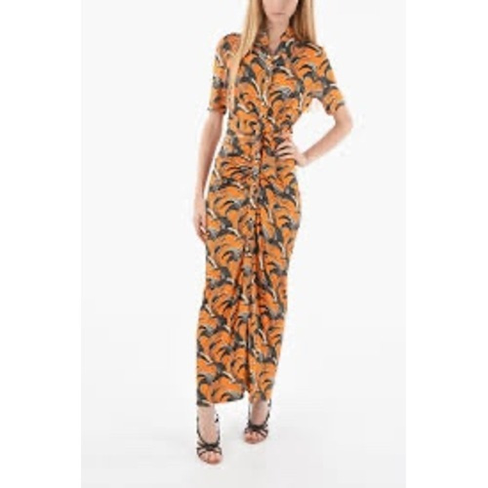 Paco Rabanne Orange Lilly Flower Print Maxi Shirtdress US4 EU 38